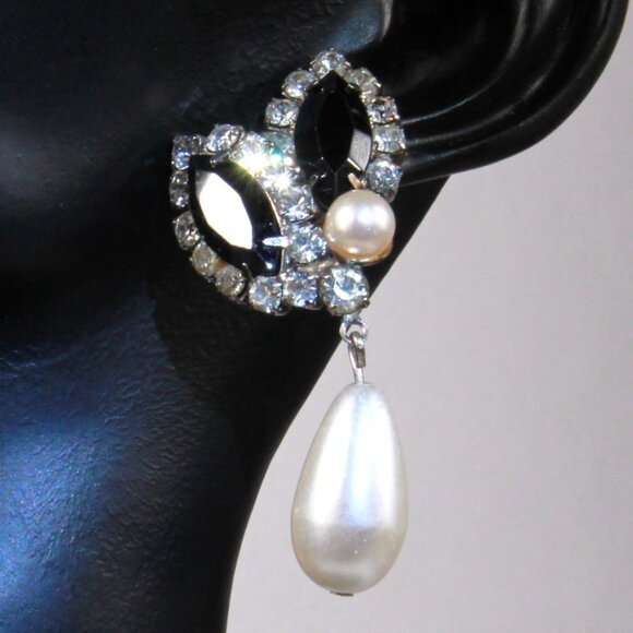 Vintage Silver-Tone Black & Clear Rhinestone Imitation Pearl Drop Earrings - Picture 8 of 8